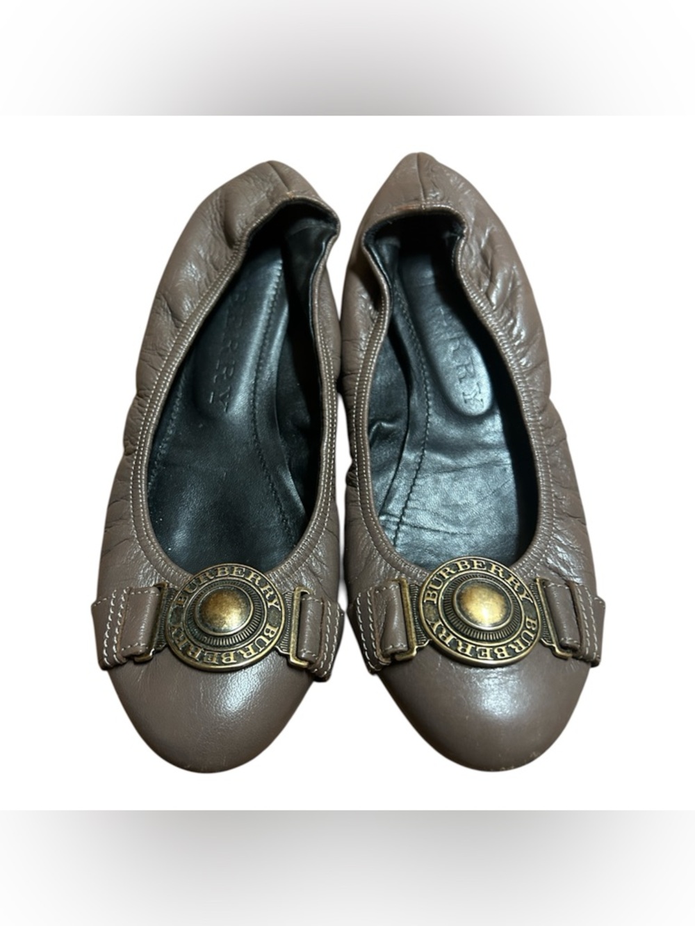 Burberry Taupe Leather Ballet Flats with Brass Logo Medallions